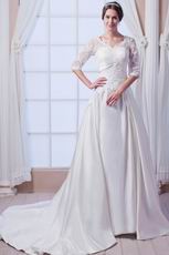 Modest V-Neck Lace Half Sleeves Ivory Bridal Dress