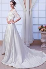 Modest V-Neck Lace Half Sleeves Ivory Bridal Dress