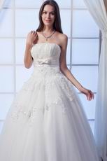 Beautiful Strapless Beaded Bodice Empire Ivory Bridal Dress With Bow