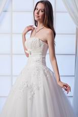 Beautiful Strapless Beaded Bodice Empire Ivory Bridal Dress With Bow