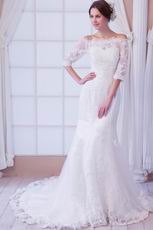 Off Shoulder 3/4 Length Sleeves Ivory Mermaid Wedding Dress