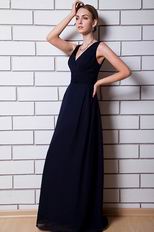 V Neck Design Navy Blue Chiffon Evening Celebrity Dress