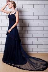 Spaghetti Straps Layers Skirt Navy Blue Formal Dress