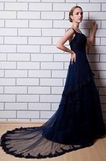 Spaghetti Straps Layers Skirt Navy Blue Formal Dress