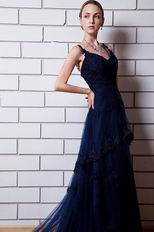 Spaghetti Straps Layers Skirt Navy Blue Formal Dress