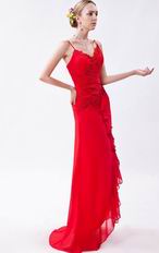 Spaghetti Straps High Low Cascade Front Red Evening Dress