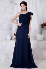 Cheap One Shoulder Chiffon Skirt Navy Blue Evening Dress