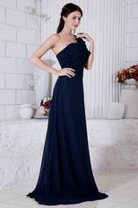 Cheap One Shoulder Chiffon Skirt Navy Blue Evening Dress