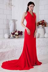 Fashional Halter Column Side Split Evening Dress In Red