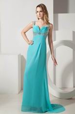 V Neckline Turquoise Blue Chiffon Formal Evening Dress