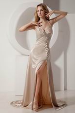 Halter Champagne Evening Gown With Side Split Skirt