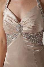 Halter Champagne Evening Gown With Side Split Skirt