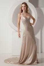 Halter Champagne Evening Gown With Side Split Skirt