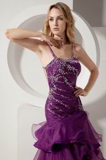 Backless Layers Grape Purple Spaghetti Straps Evening Dress Gown