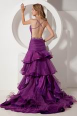 Backless Layers Grape Purple Spaghetti Straps Evening Dress Gown