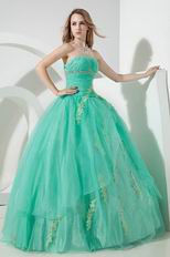 Fashion Strapless Spring Green Evening Ball Gown With Applique