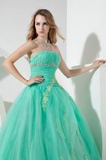 Fashion Strapless Spring Green Evening Ball Gown With Applique