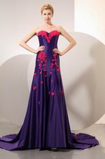 Purple Blue Evening Dresss With Red Handmade Flowers