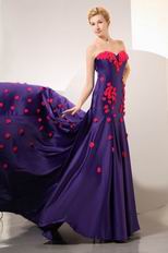 Purple Blue Evening Dresss With Red Handmade Flowers