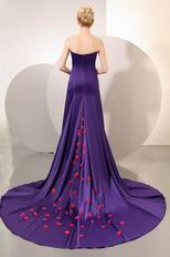 Purple Blue Evening Dresss With Red Handmade Flowers