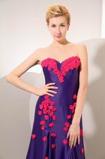 Purple Blue Evening Dresss With Red Handmade Flowers