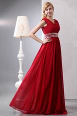 Wine Red V Neckline Floor Length Dress To Evening