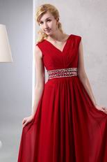 Wine Red V Neckline Floor Length Dress To Evening