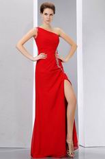 One Shoulder Side High Split Alizarin Crimson Evening Dress