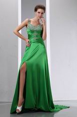 Beaded Front Split Panel Train Spring Green Evening Dress