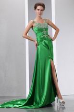 Beaded Front Split Panel Train Spring Green Evening Dress