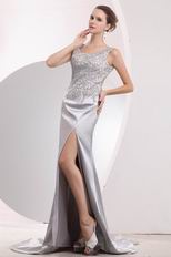 Exclusive Backless Split Silver Evening Dress With Applique