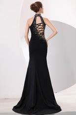 Fashionable Halter Lace Up Black Chiffon Evening Dress