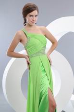 Right One Shoulder Apple Green Evening Dress With Split