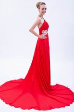 One Shoulder Chapel Train Skirt Wedding Party Red Dress