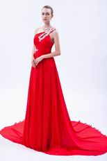 One Shoulder Chapel Train Skirt Wedding Party Red Dress