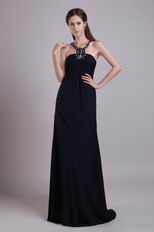 Scoop Halter Design Black Chiffon Beaded Evening Dress