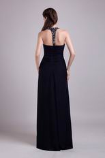 Scoop Halter Design Black Chiffon Beaded Evening Dress