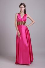 Fuchsia V Neck Slit Skirt Evening Dress With Golden Sash