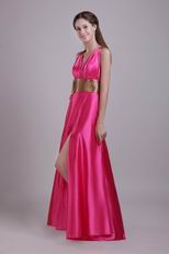 Fuchsia V Neck Slit Skirt Evening Dress With Golden Sash