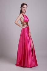 Fuchsia V Neck Slit Skirt Evening Dress With Golden Sash