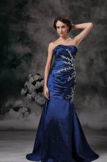 Navy Blue Lace Up Side Applique Mermaid Evening Dress