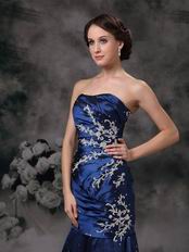 Navy Blue Lace Up Side Applique Mermaid Evening Dress