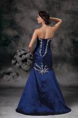 Navy Blue Lace Up Side Applique Mermaid Evening Dress