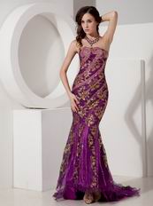 Purple Mermaid Evening Dress With Gold Applique Emberllish