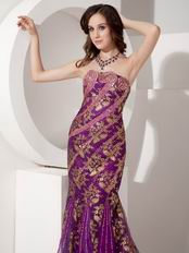 Purple Mermaid Evening Dress With Gold Applique Emberllish