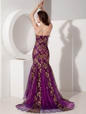 Purple Mermaid Evening Dress With Gold Applique Emberllish