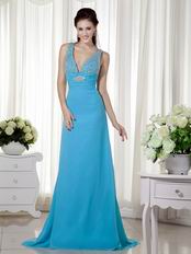 Beautiful Dodger Blue Evening Dress Wth V Neck Design