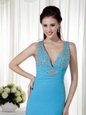 Beautiful Dodger Blue Evening Dress Wth V Neck Design