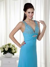 Beautiful Dodger Blue Evening Dress Wth V Neck Design