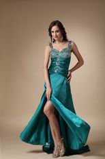 Colorful Diamonds Teal Evening Dress With Side Split Skirt